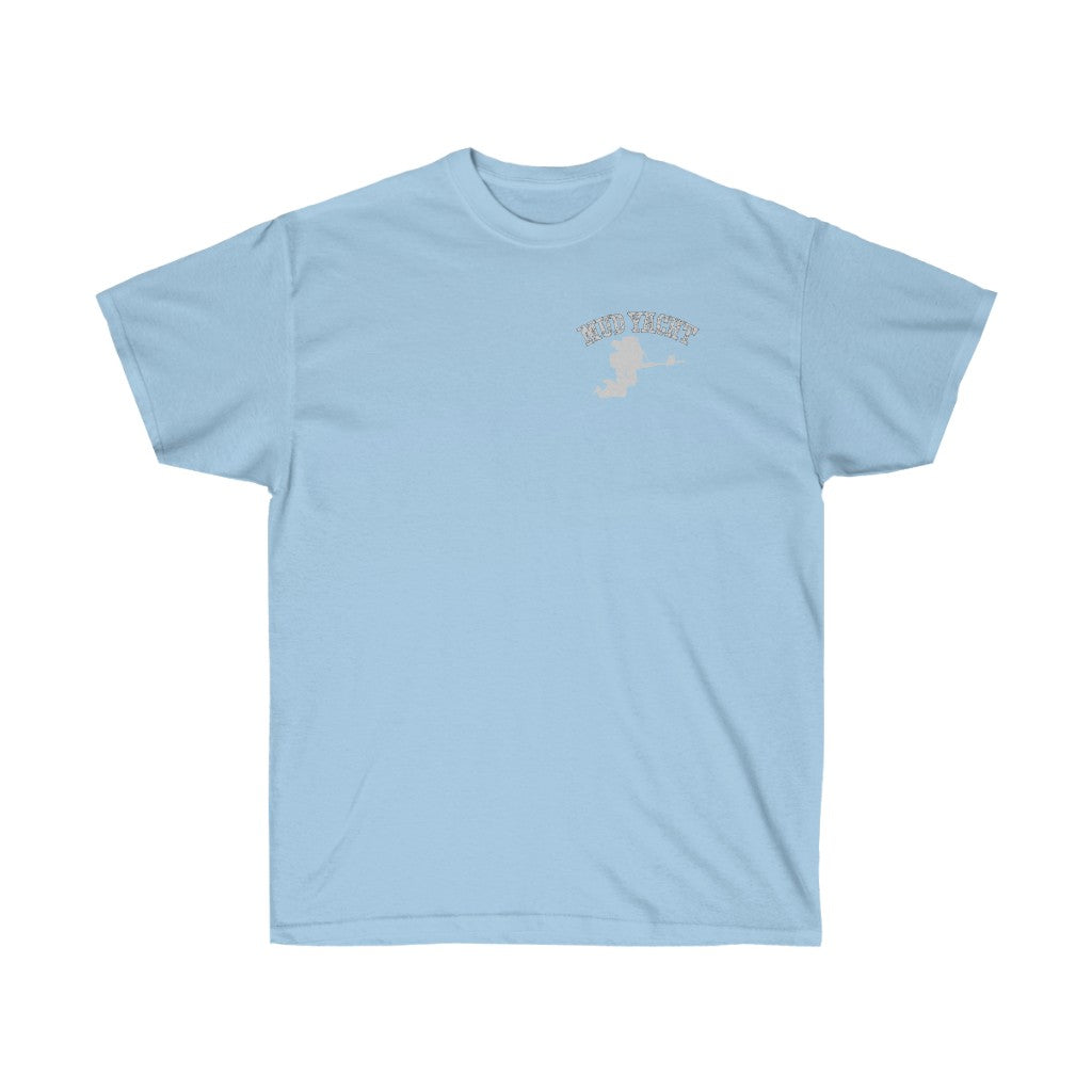Light blue ultra cotton tee with "MUD YACHT" text and a small boat graphic on the left chest.