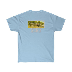 Light blue cotton tee with "SENT" and a mud yacht boat graphic on the back.