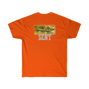Orange cotton tee with a "Sent MUD YACHT" graphic featuring a boat on a river.