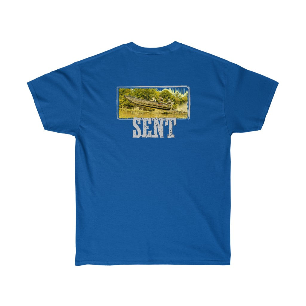 Blue ultra cotton tee with "SENT" text and a mud yacht boat graphic.