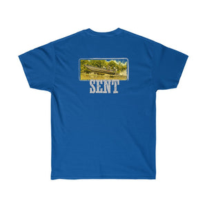 Blue ultra cotton tee with "SENT" text and a mud yacht boat graphic.