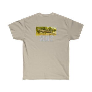 Tan ultra cotton tee with a "Sent MUD YACHT" graphic featuring a boat on a river.