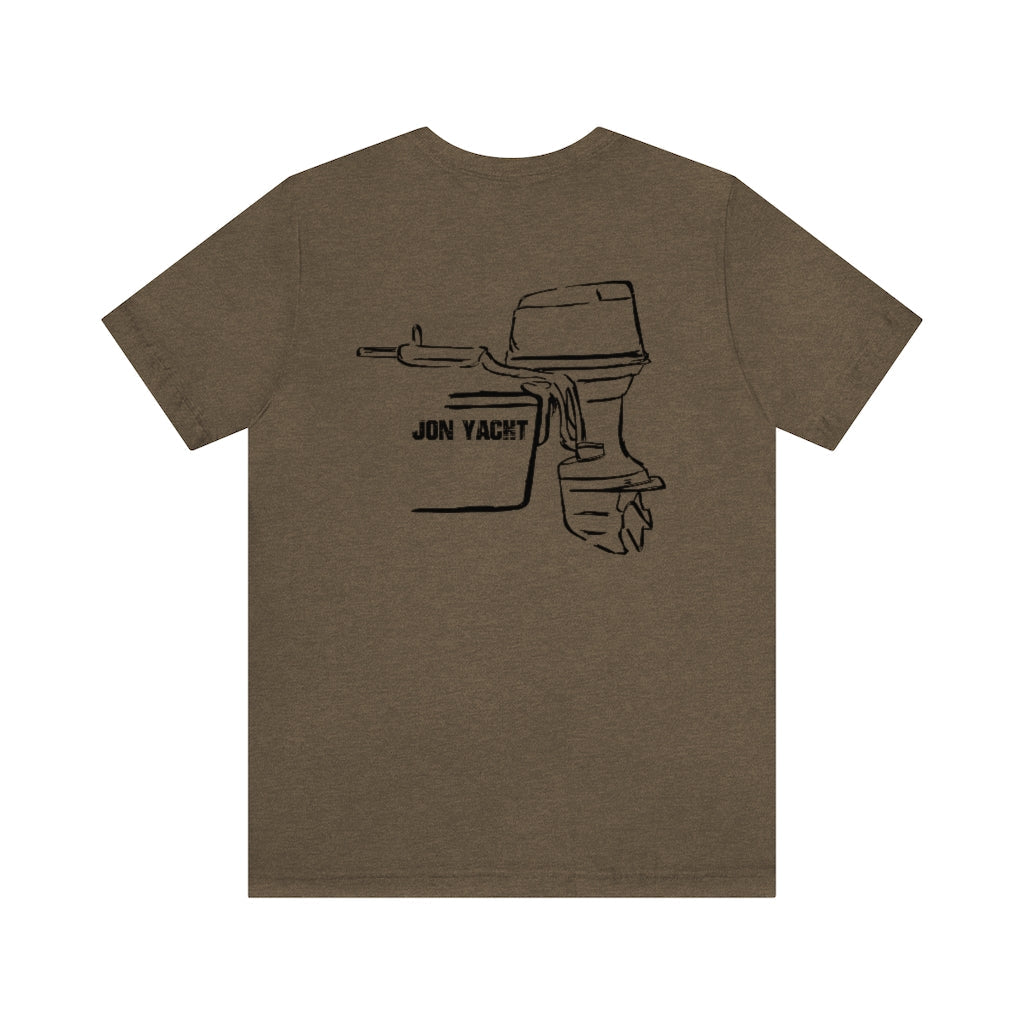 Brown short sleeve tee with black "JON YACHT" text and outboard motor graphic on the back.