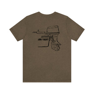 Brown short sleeve tee with black "JON YACHT" text and outboard motor graphic on the back.