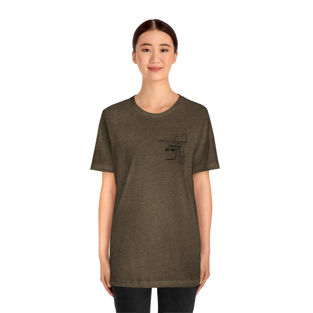 Woman wearing a heather brown short-sleeve tee with a black "Square Body Tiller" outboard motor graphic.