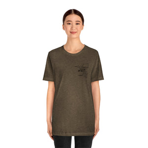 Woman wearing a heather brown short-sleeve tee with a black "Square Body Tiller" outboard motor graphic.