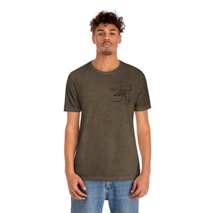 Man in a heather brown cotton tee with a black "Square Body Tiller" graphic on the left chest.