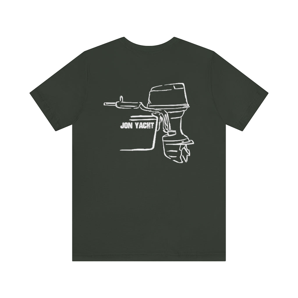 Dark gray cotton t-shirt with a white outline graphic of an outboard motor and "JON YACHT" text.