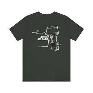 Dark gray cotton t-shirt with a white outline graphic of an outboard motor and "JON YACHT" text.