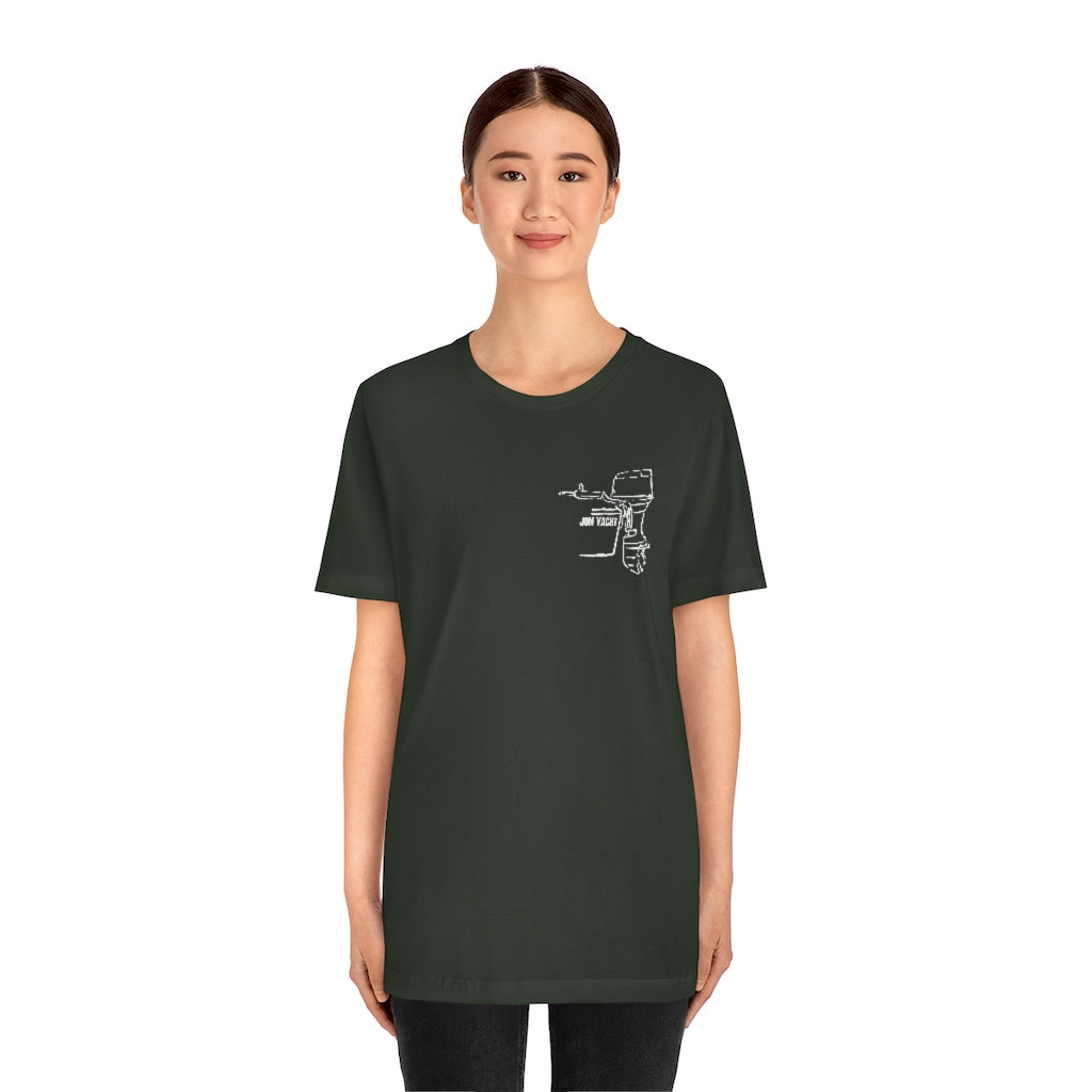 Dark grey cotton t-shirt with a white outline graphic of a boat motor on the left chest.