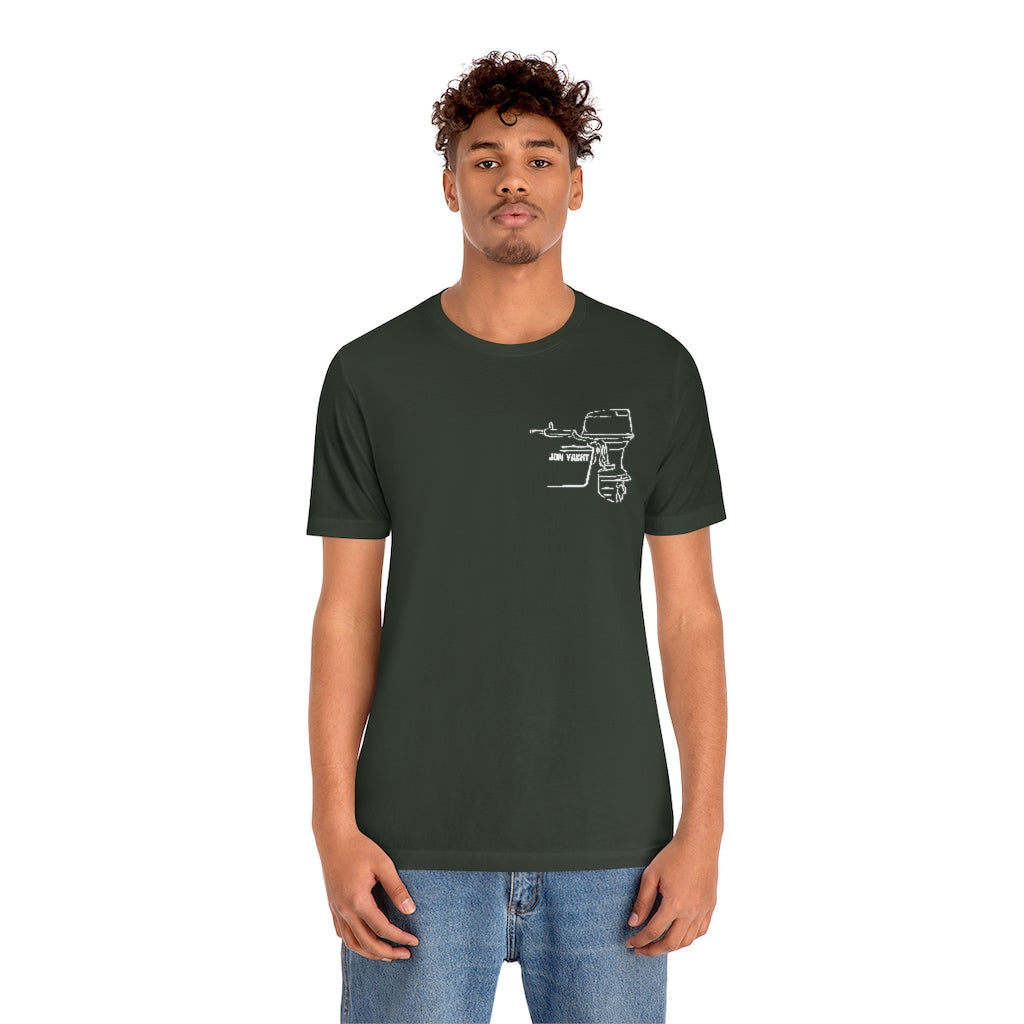 Man in dark olive green cotton tee with white "Square Body Tiller" outboard motor graphic.