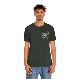 Man in dark olive green cotton tee with white "Square Body Tiller" outboard motor graphic.