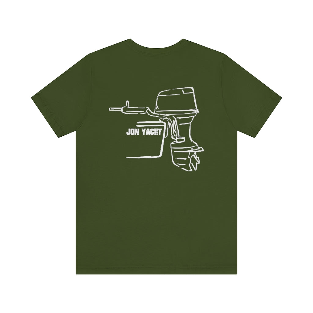 Olive green cotton tee with a white outline graphic of an outboard motor and "JON YACHT" text.