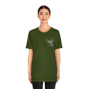 Woman wearing a dark olive green short sleeve tee with a white "Square Body Tiller" outboard motor graphic.