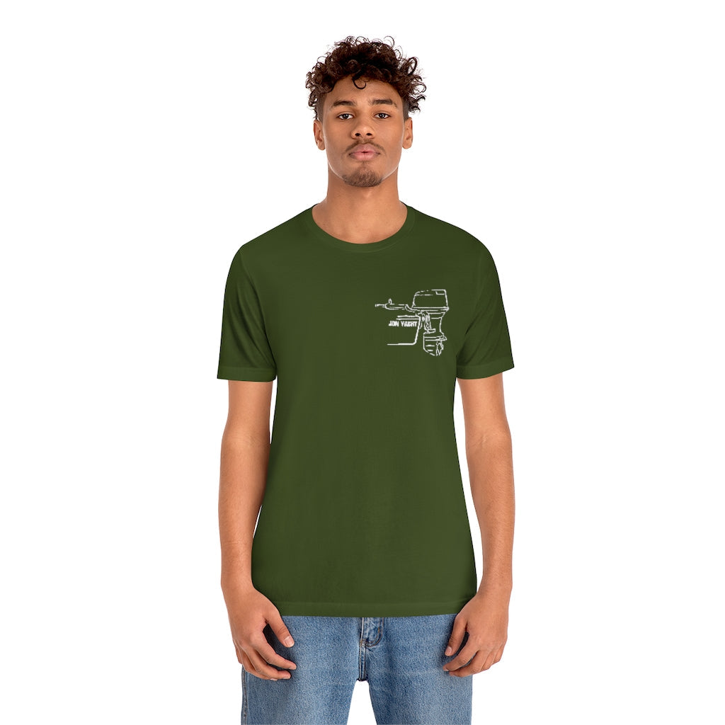 Man in an olive green short-sleeve tee with a white outline graphic of a boat motor on the left chest.