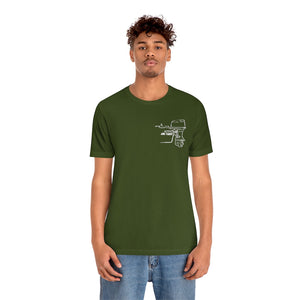 Man in an olive green short-sleeve tee with a white outline graphic of a boat motor on the left chest.