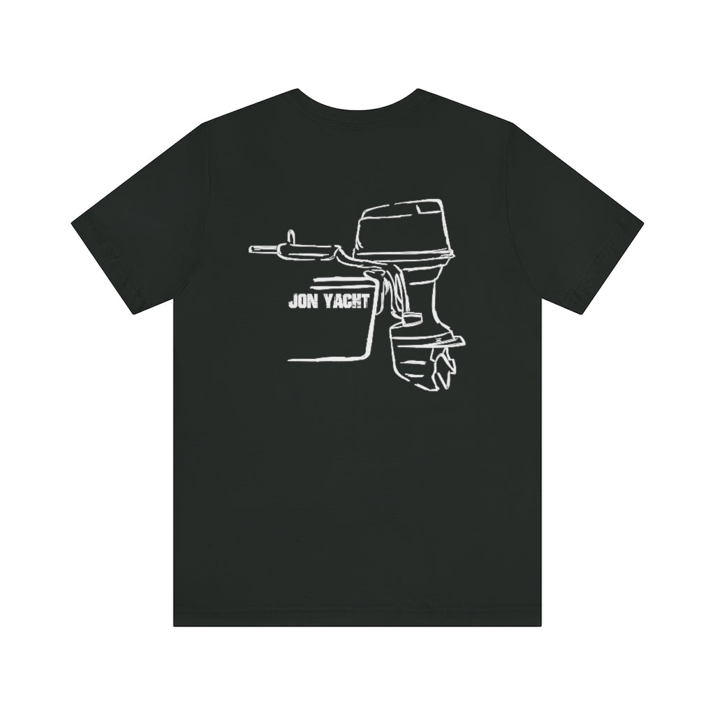 Black cotton tee with white "JON YACHT" text and outline of an outboard motor.