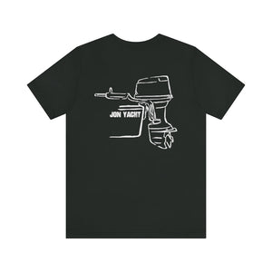Black cotton tee with white "JON YACHT" text and outline of an outboard motor.