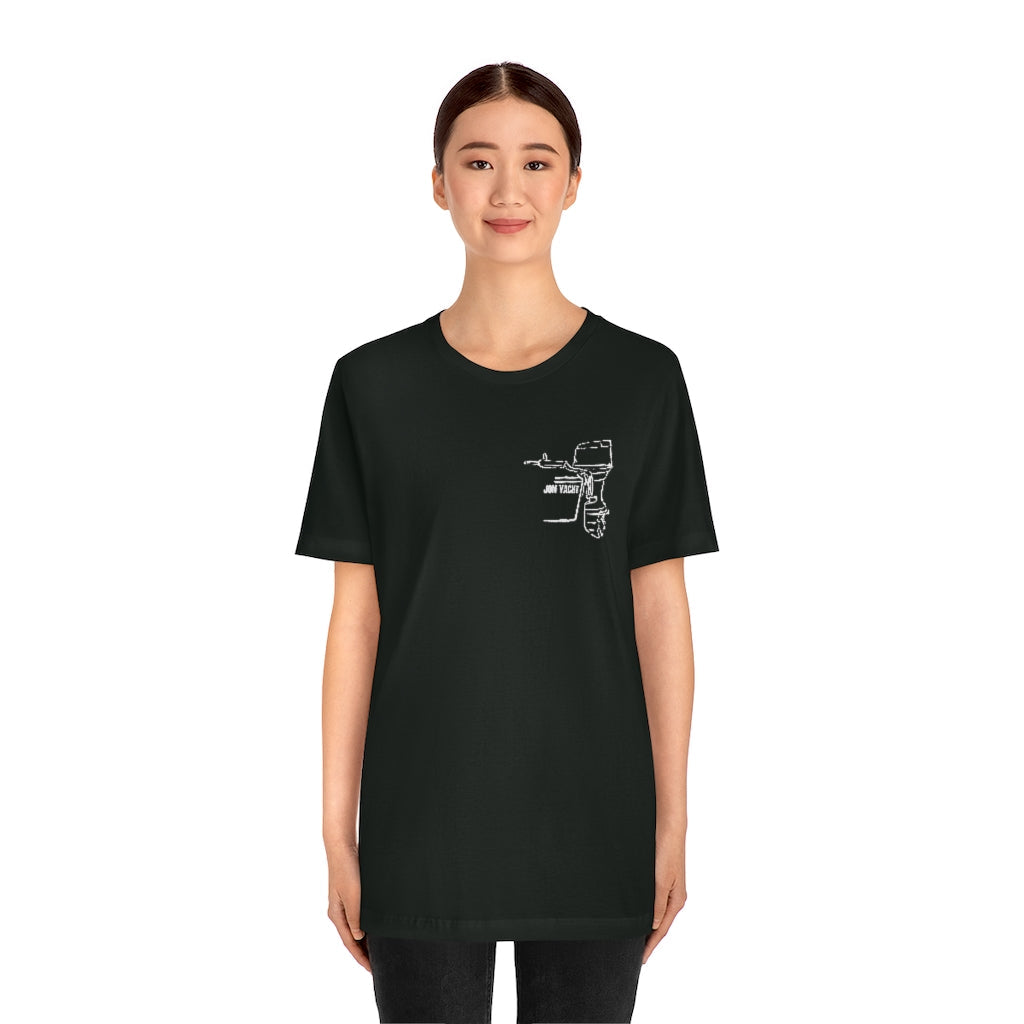Black short sleeve tee with white "Square Body Tiller" outboard motor graphic on the left chest.