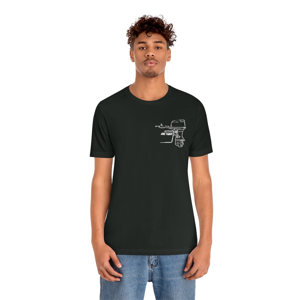 Black short-sleeve cotton tee with a white outline graphic of a boat motor on the left chest.