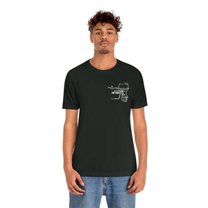Black short-sleeve cotton tee with a white outline graphic of a boat motor on the left chest.