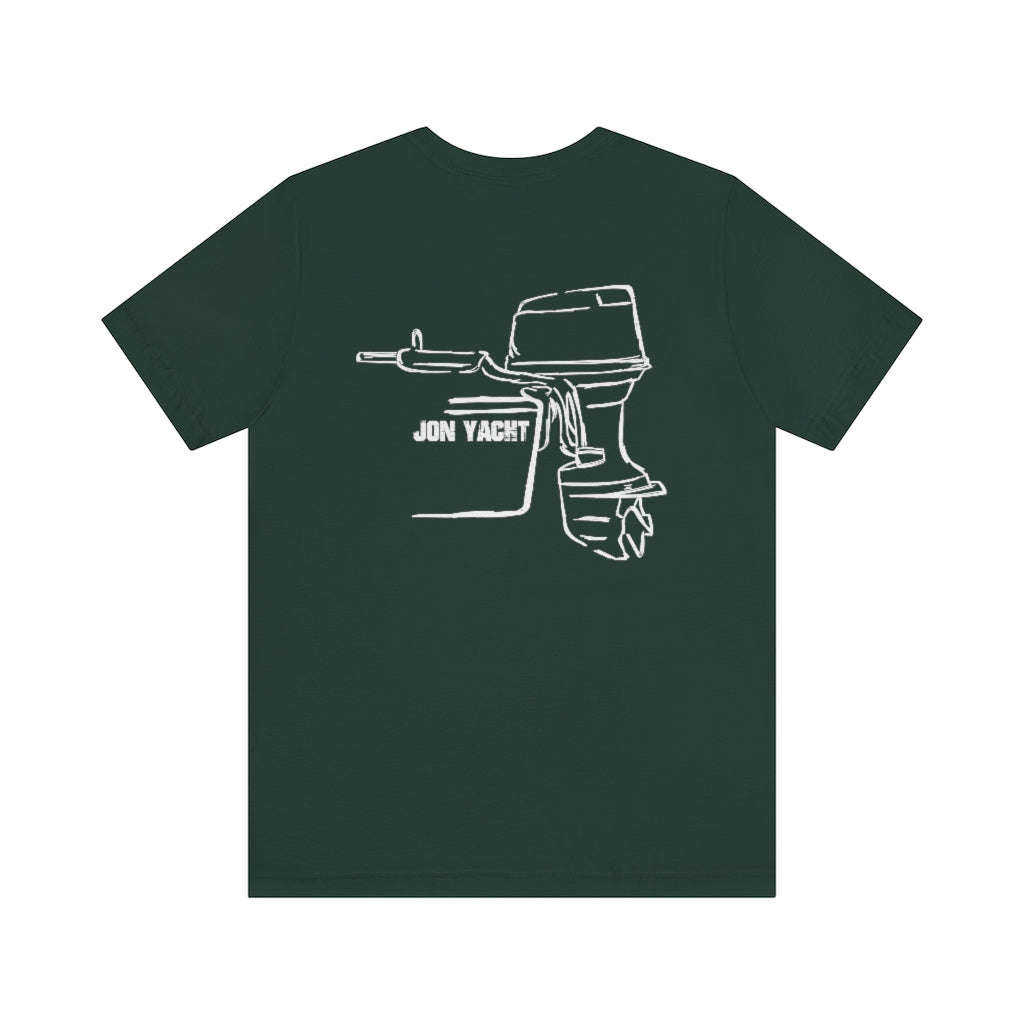 Dark green cotton t-shirt with a white outline graphic of an outboard motor and "JON YACHT" text.
