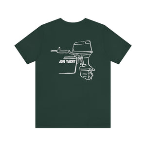 Dark green cotton t-shirt with a white outline graphic of an outboard motor and "JON YACHT" text.