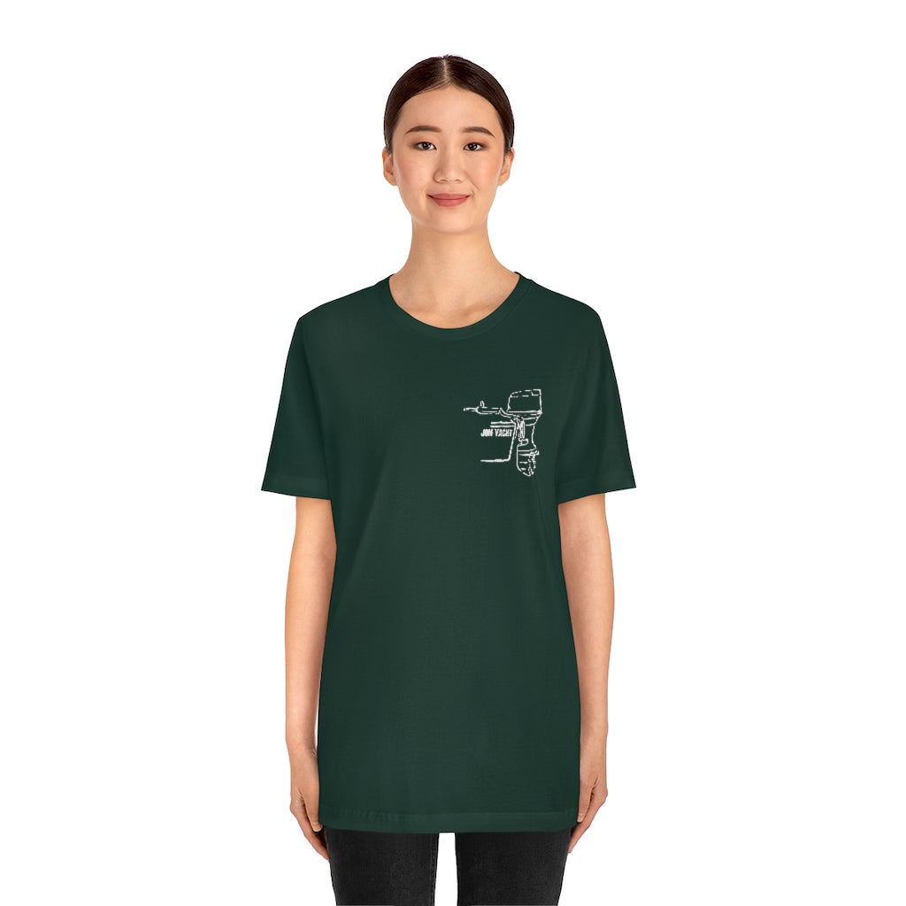 Woman wearing a dark green short-sleeve tee with a white "Square Body Tiller" outboard motor graphic.