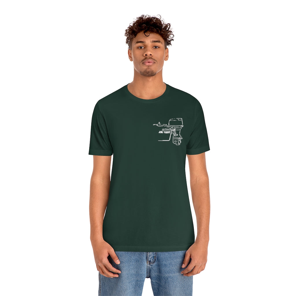 Man wearing a dark green cotton tee with a white outline graphic of a boat motor on the left chest.