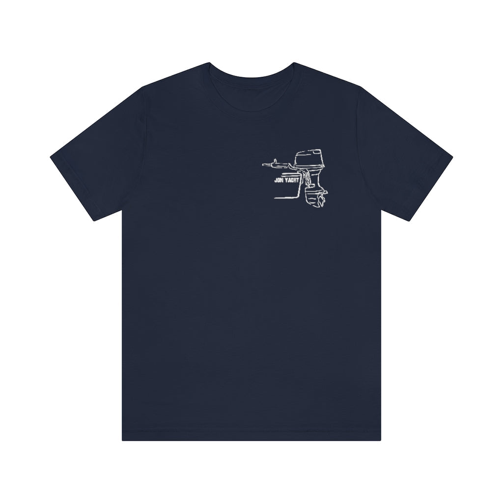 Navy blue cotton tee with a white outline graphic of a "JON YACHT" square body tiller boat motor.