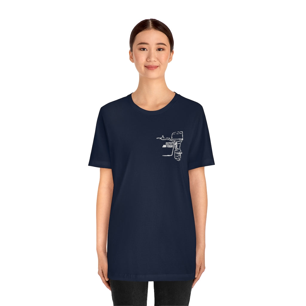 Woman wearing a navy blue cotton tee with a white square body tiller graphic on the left chest.