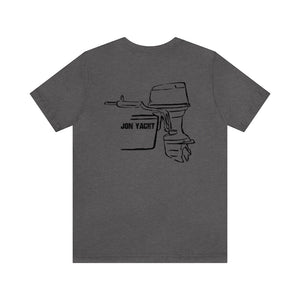 Charcoal gray short sleeve tee with a black line drawing of a boat motor and "JON YACHT" text.