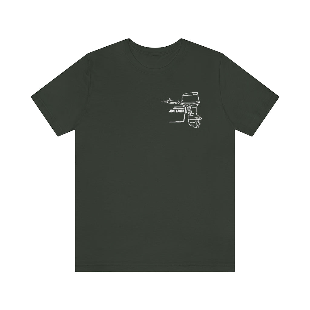 Dark gray cotton t-shirt with a white outline graphic of a "JON YACHT" square body tiller boat motor.