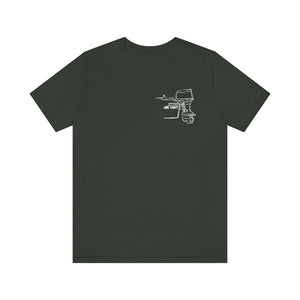 Dark gray cotton t-shirt with a white outline graphic of a "JON YACHT" square body tiller boat motor.
