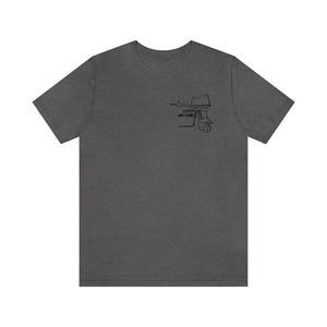 Dark gray cotton t-shirt with a black line art drawing of a boat motor on the left chest.