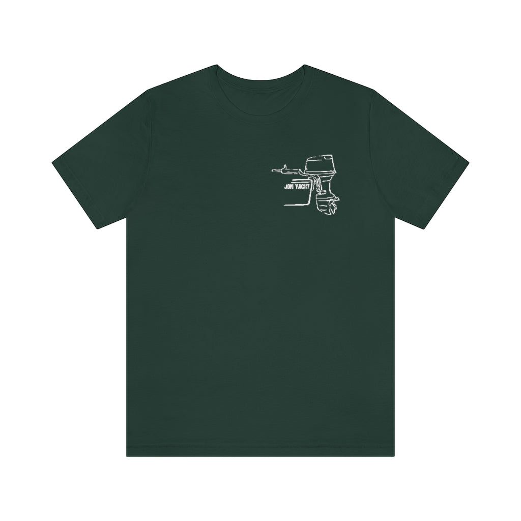 Dark green cotton t-shirt with a white outline graphic of a boat and outboard motor on the left chest.