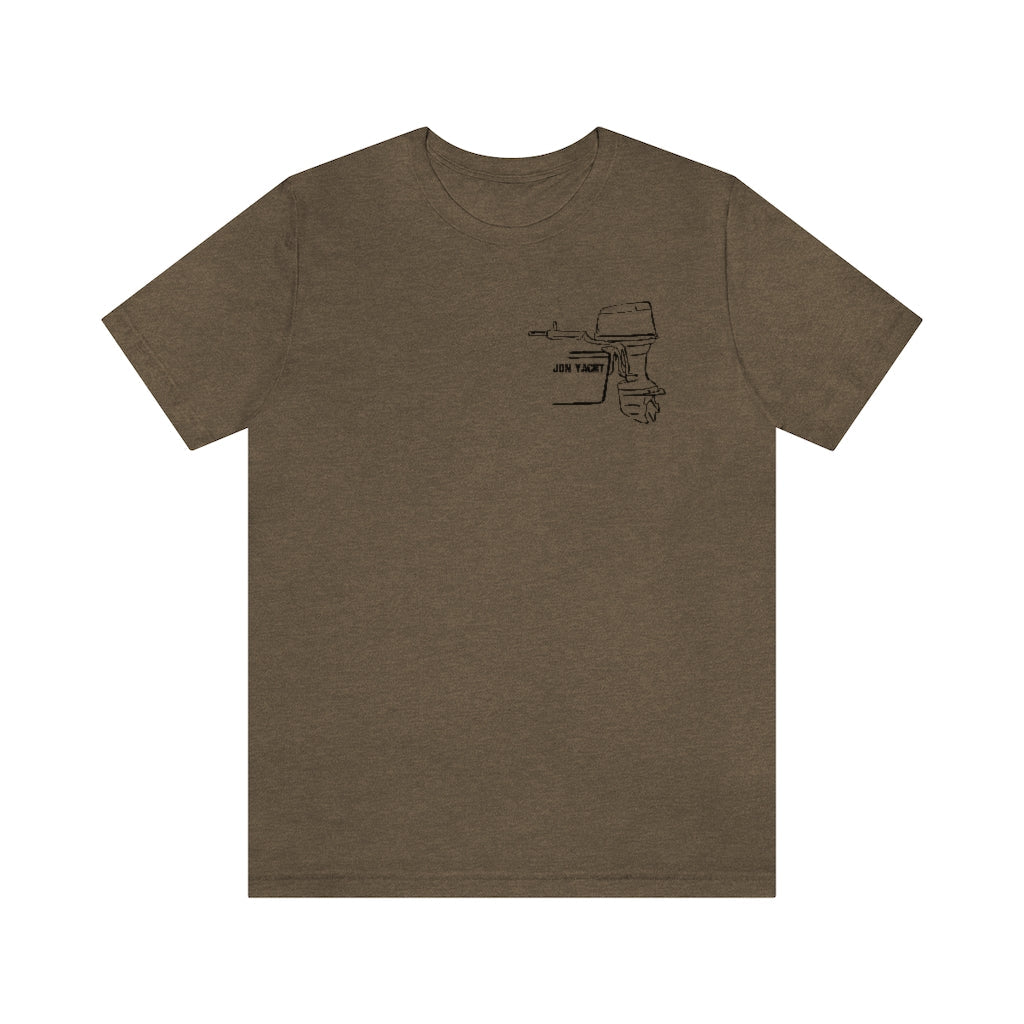 Brown cotton t-shirt with a black outline graphic of a boat motor and "JBN YACHT" text.