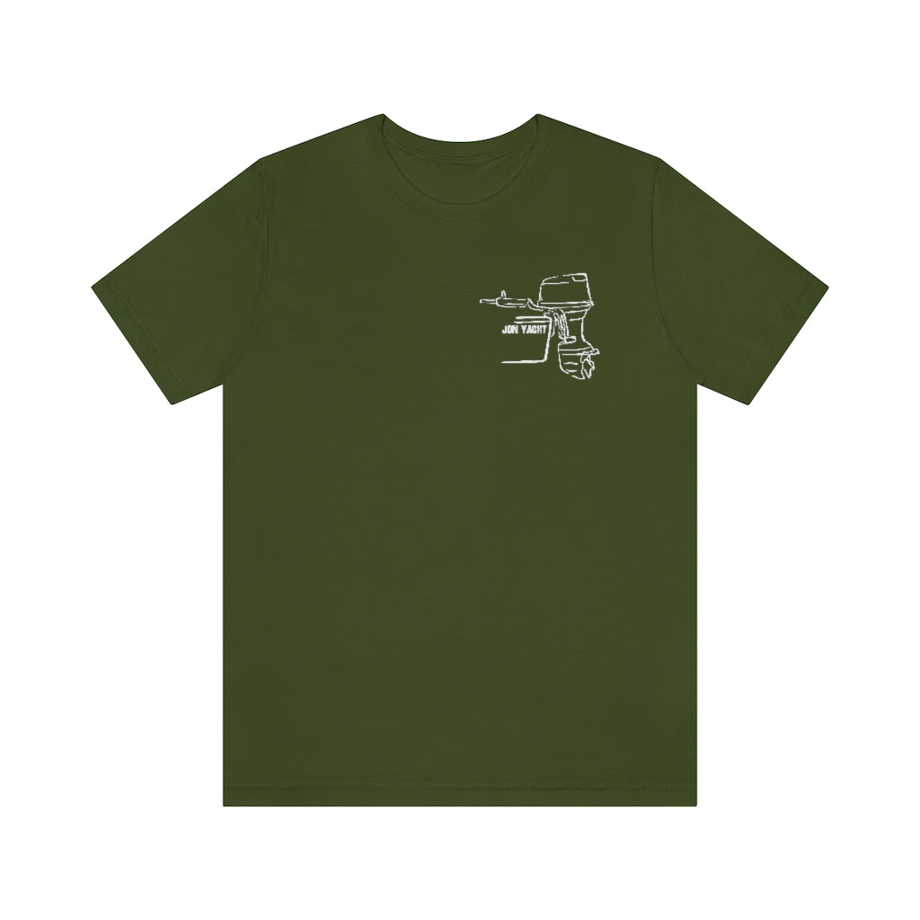 Olive green cotton t-shirt with a white outline graphic of a "JON YACHT" outboard motor on the left chest.