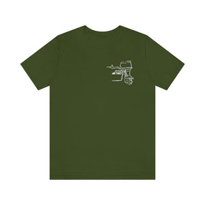Olive green cotton t-shirt with a white outline graphic of a "JON YACHT" outboard motor on the left chest.