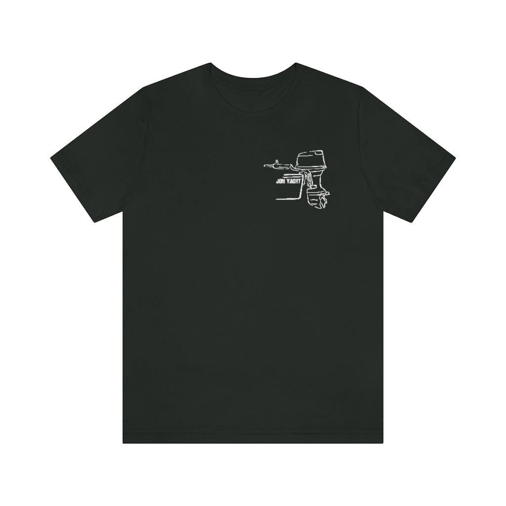 Black cotton tee with a white outline graphic of a "JON YACHT" boat and outboard motor on the left chest.