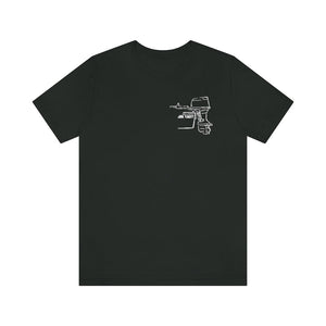 Black cotton tee with a white outline graphic of a "JON YACHT" boat and outboard motor on the left chest.