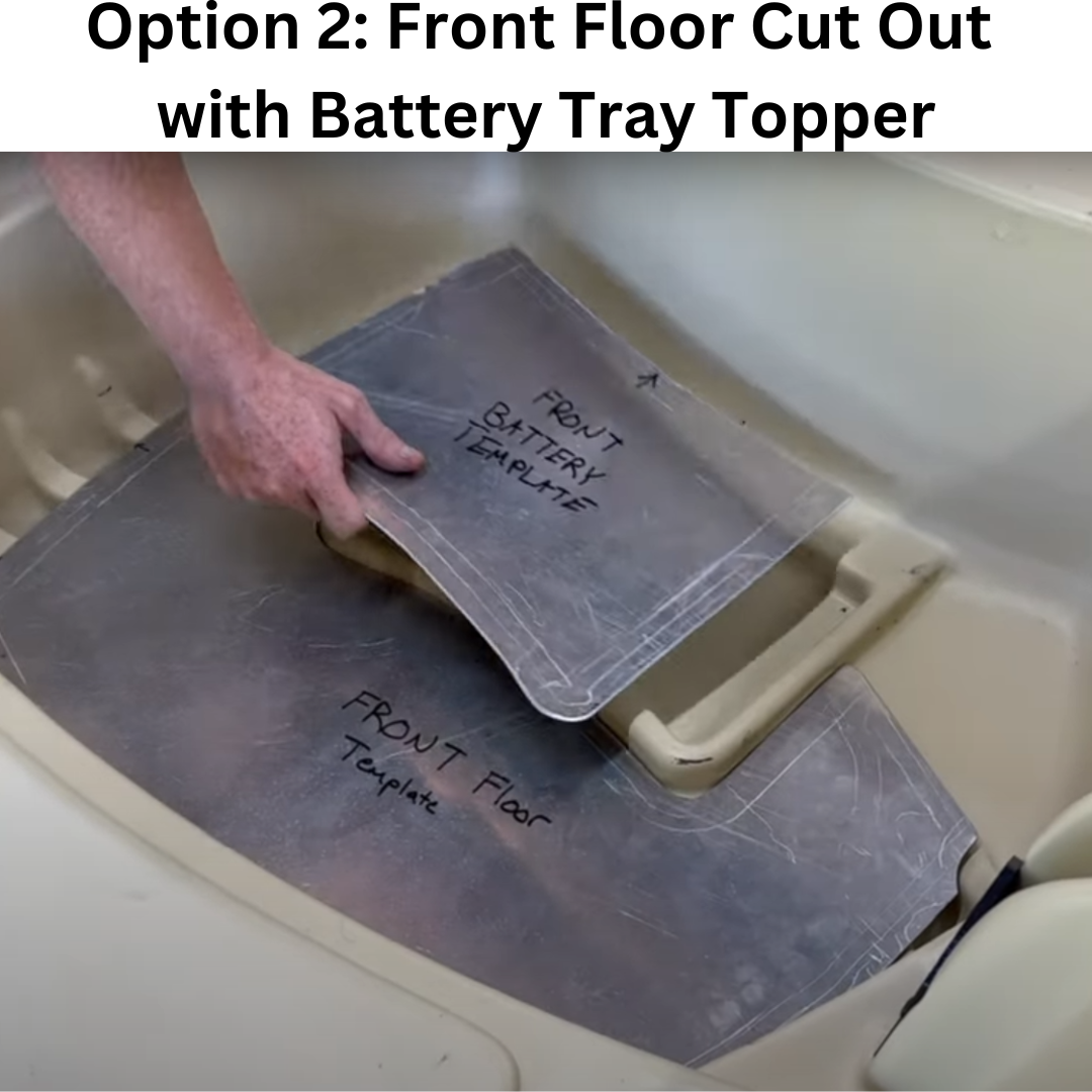 Hands placing aluminum front floor and battery tray templates into a beige Sun Dolphin American 12 boat.