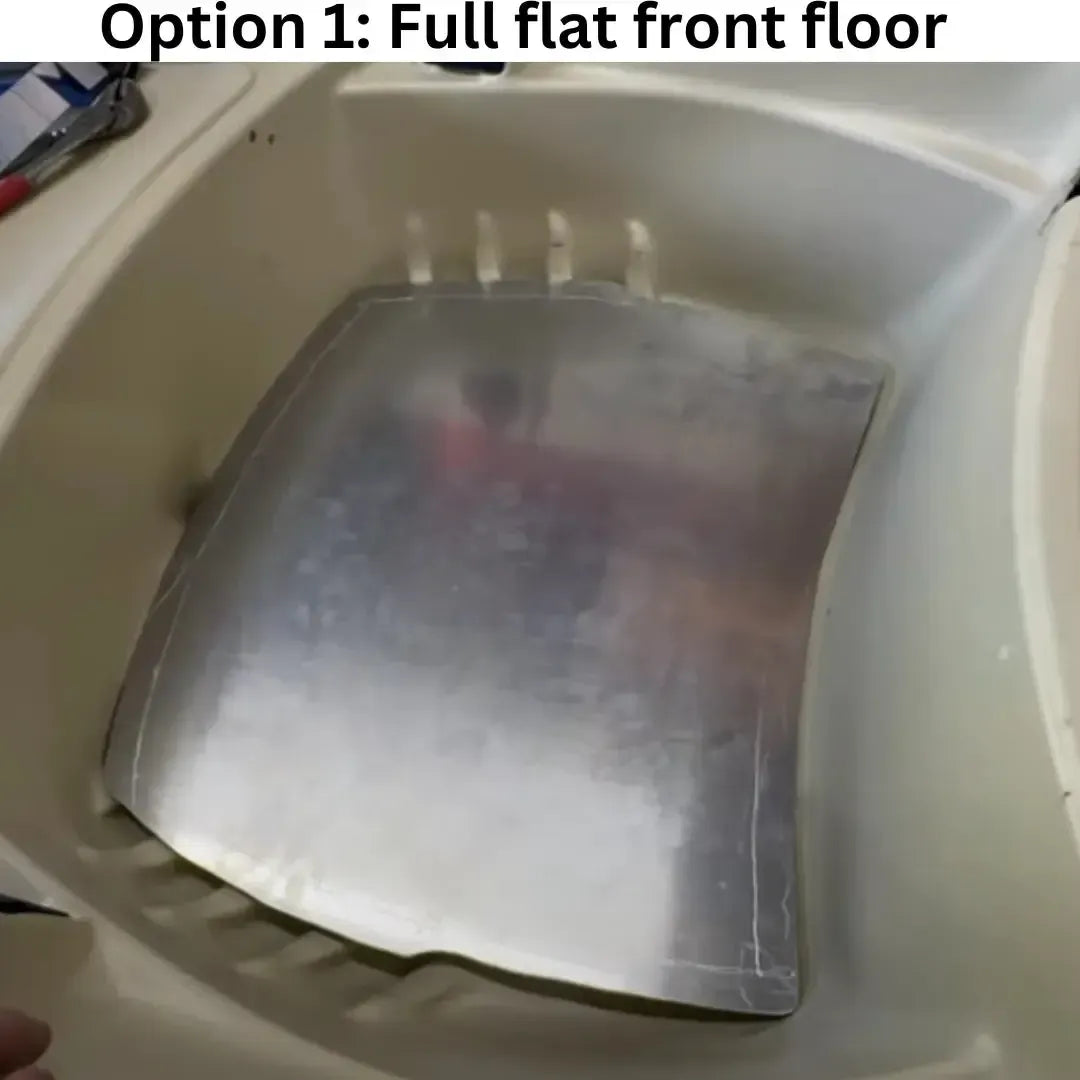 Silver .090 aluminum full flat front floor kit installed in a beige Sun Dolphin American 12 boat.