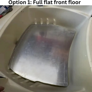 Silver .090 aluminum full flat front floor kit installed in a beige Sun Dolphin American 12 boat.