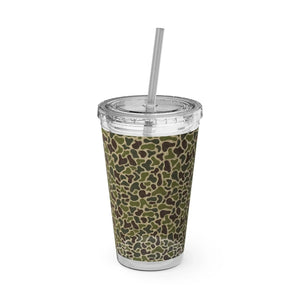 16oz acrylic Sunsplash Tumbler with a green camouflage pattern, clear lid, and straw.