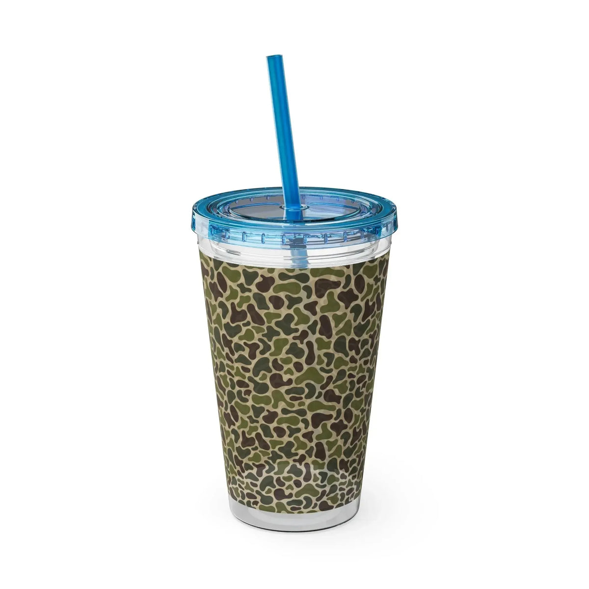 16oz acrylic Sunsplash Tumbler with a green camouflage pattern, blue lid, and matching crack-resistant straw.