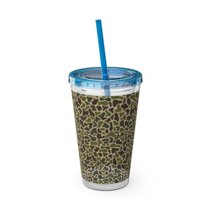 16oz acrylic Sunsplash Tumbler with a green camouflage pattern, blue lid, and matching crack-resistant straw.