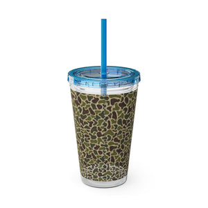 16oz acrylic tumbler with a green camouflage pattern, blue lid, and matching blue straw.
