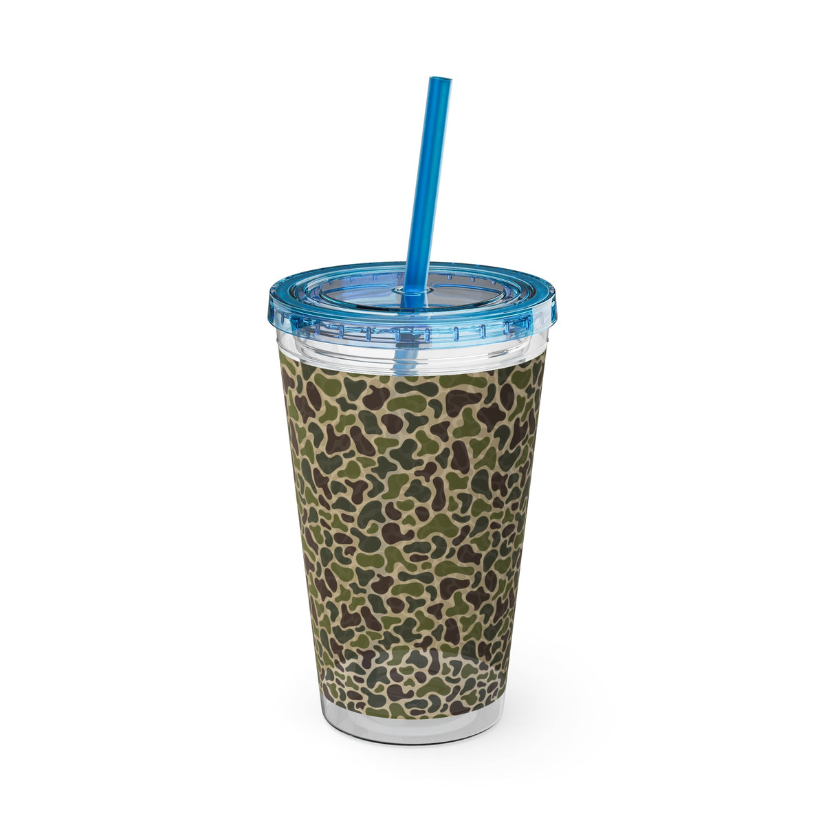 16oz acrylic tumbler with a green camouflage pattern, blue lid, and flexible blue straw.