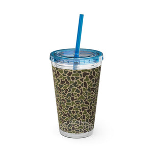 16oz acrylic tumbler with a green camouflage pattern, blue lid, and flexible blue straw.